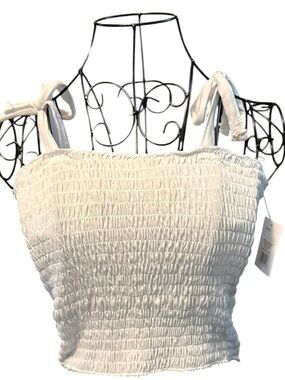 White Smocked Tie-Shoulder Crop Top - style 5